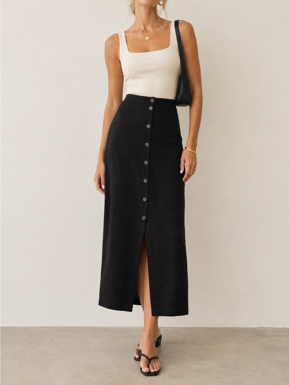 Sezane Fidji Black Button-Front Midi Skirt with Front Slit NWT